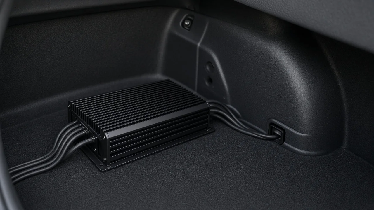 Car audio amplifier mounted with open ventilation space and neatly routed wiring