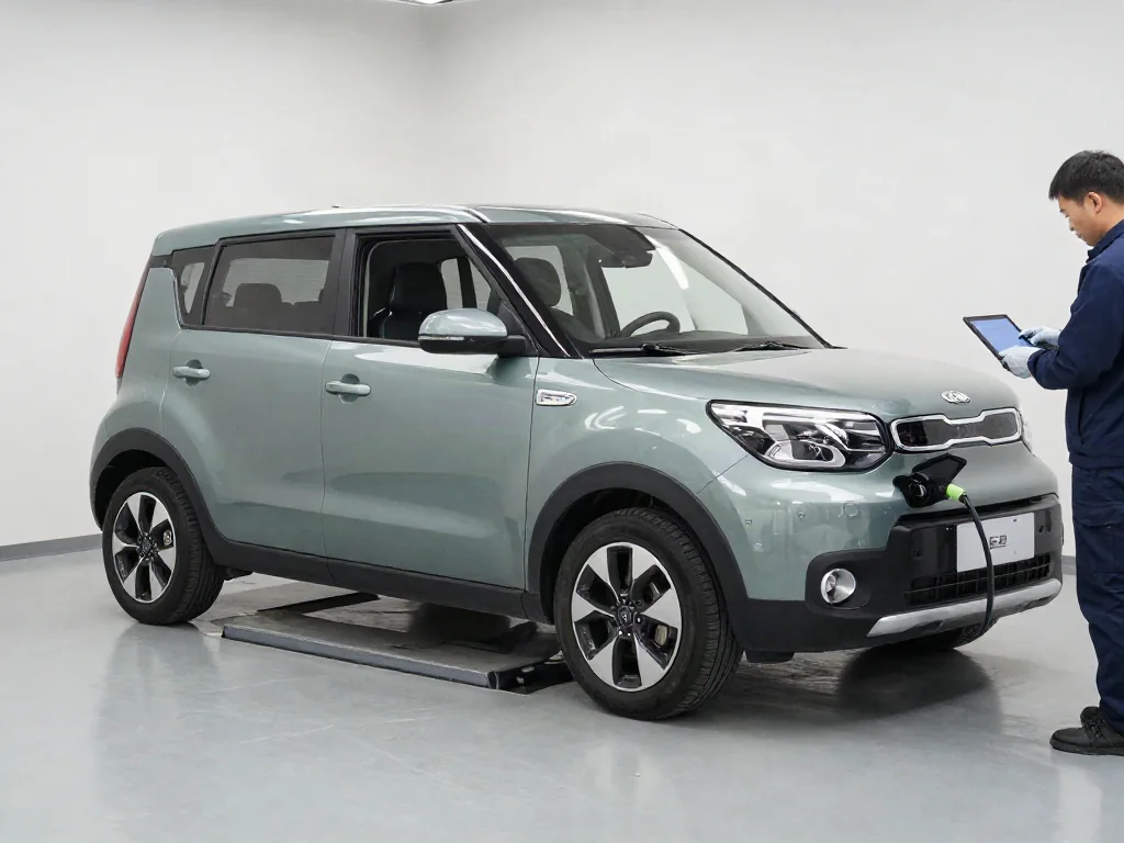 A Kia Soul EV on a service lift while a technician checks battery diagnostics on a tablet