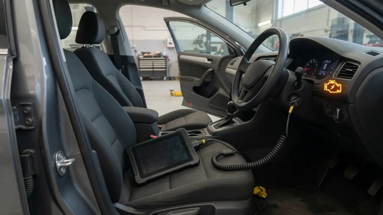 Diagnostic scanner connected inside a parked vehicle with an engine warning light illuminated