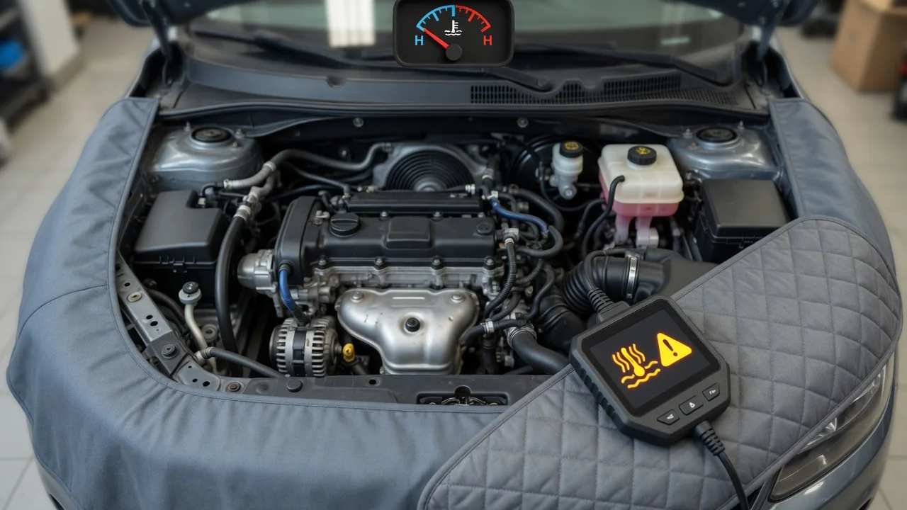 Engine bay with an OBD-II scan tool showing a temperature warning, illustrating cylinder head temperature sensor codes