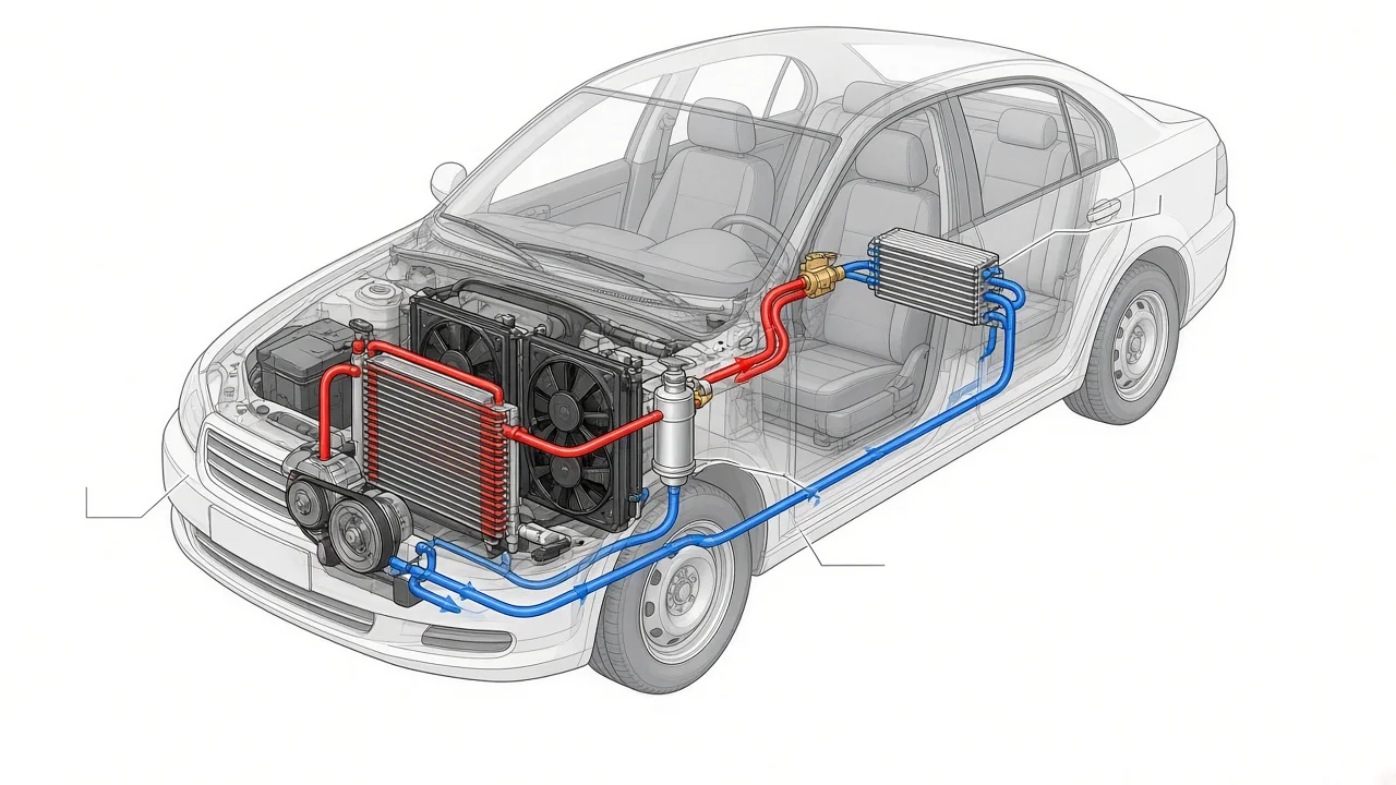 Labeled diagram of a car AC system showing compressor, condenser, receiver drier, expansion valve, evaporator and refrigerant flow direction