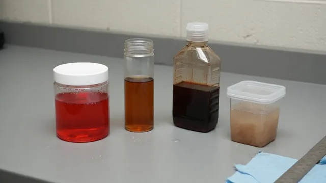 Power steering fluid samples showing red, amber, dark brown, and cloudy appearances in clear containers