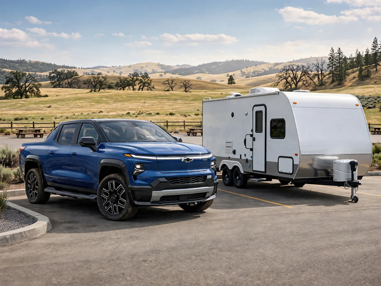 Chevrolet Silverado EV parked beside a travel trailer at a scenic highway rest area