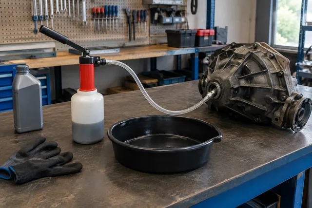 Hand-operated fluid pump, gear oil bottle, and clean tubing beside a differential housing
