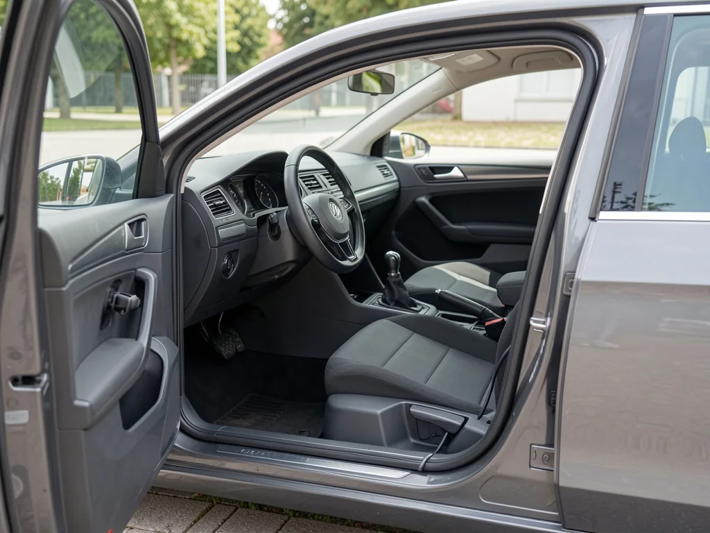 Manual gearshift and three pedals inside a Volkswagen cabin