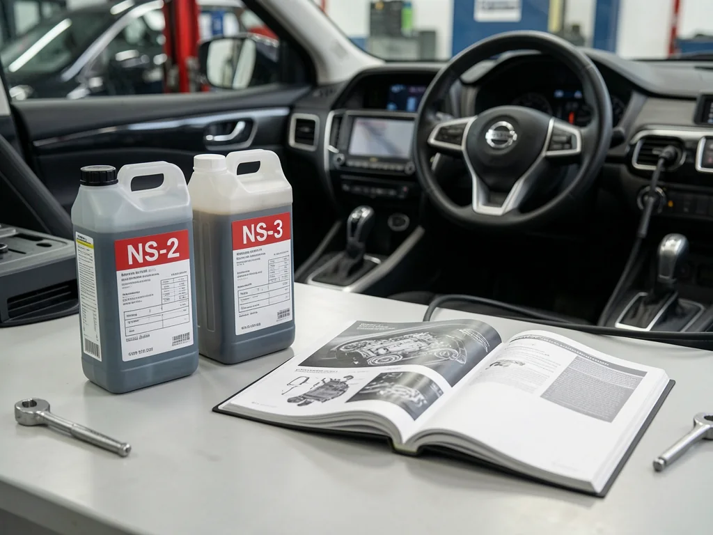 Nissan CVT maintenance records beside sealed fluid containers marked NS-2 and NS-3