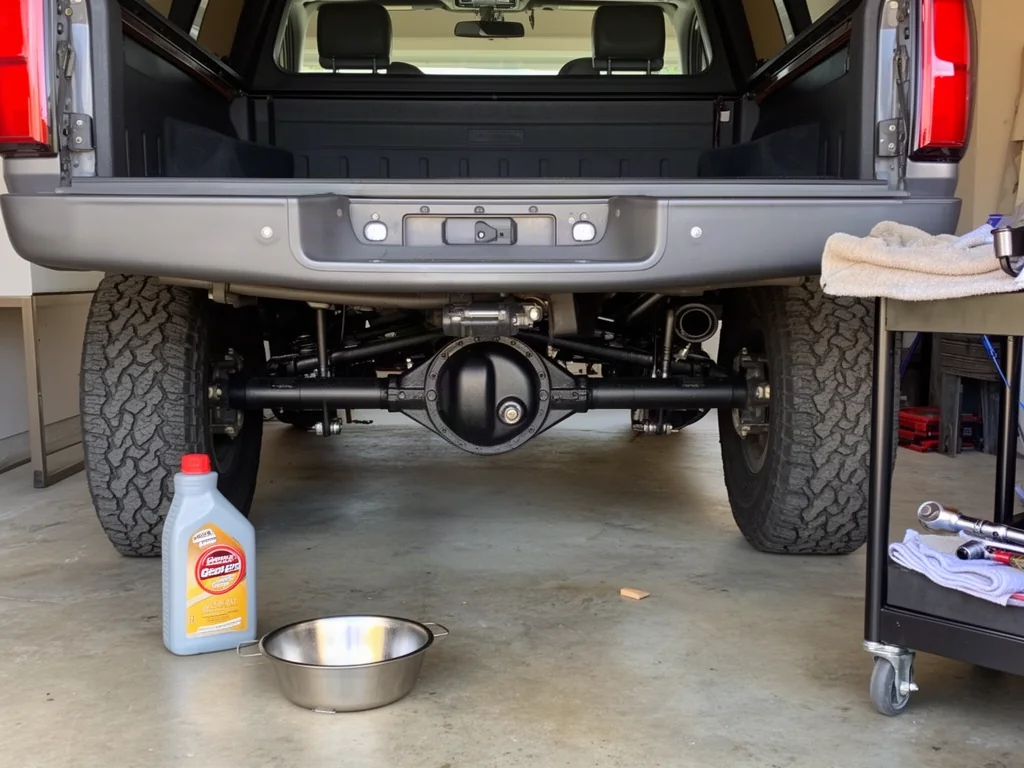 Pickup truck rear differential housing with gear oil bottle and drain pan in a garage