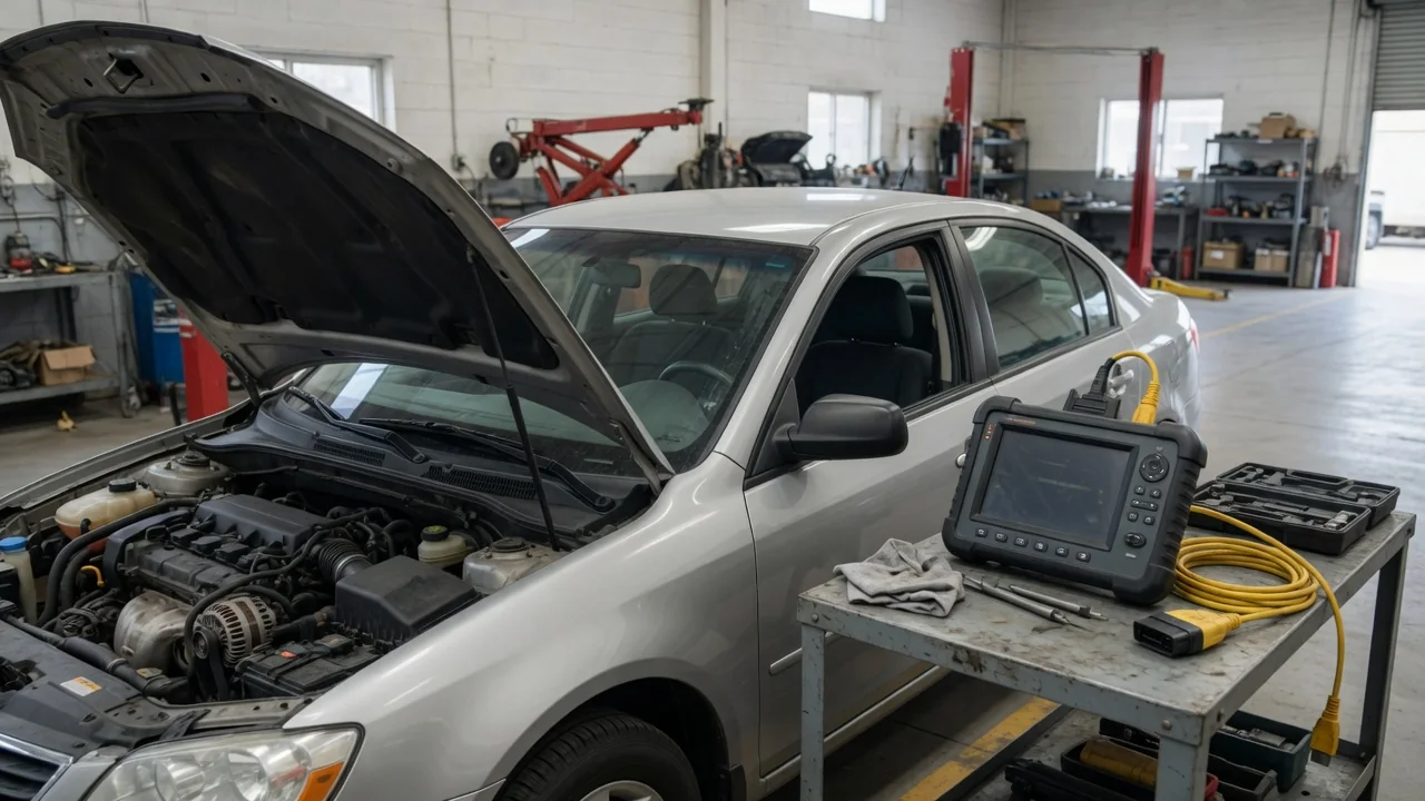 Diagnostic scan tool beside a vehicle with its hood open in an automotive workshop