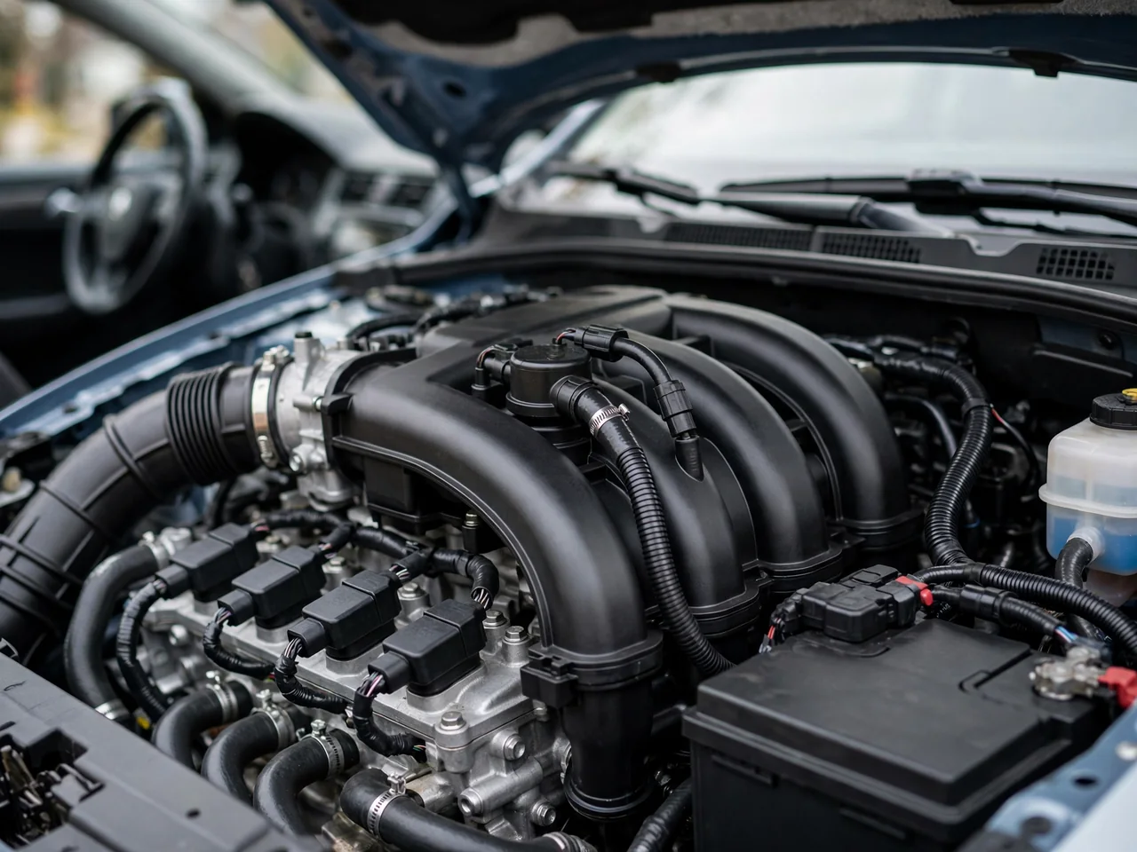Open engine bay of a compact sedan showing the intake manifold area where an EGR valve is typically mounted