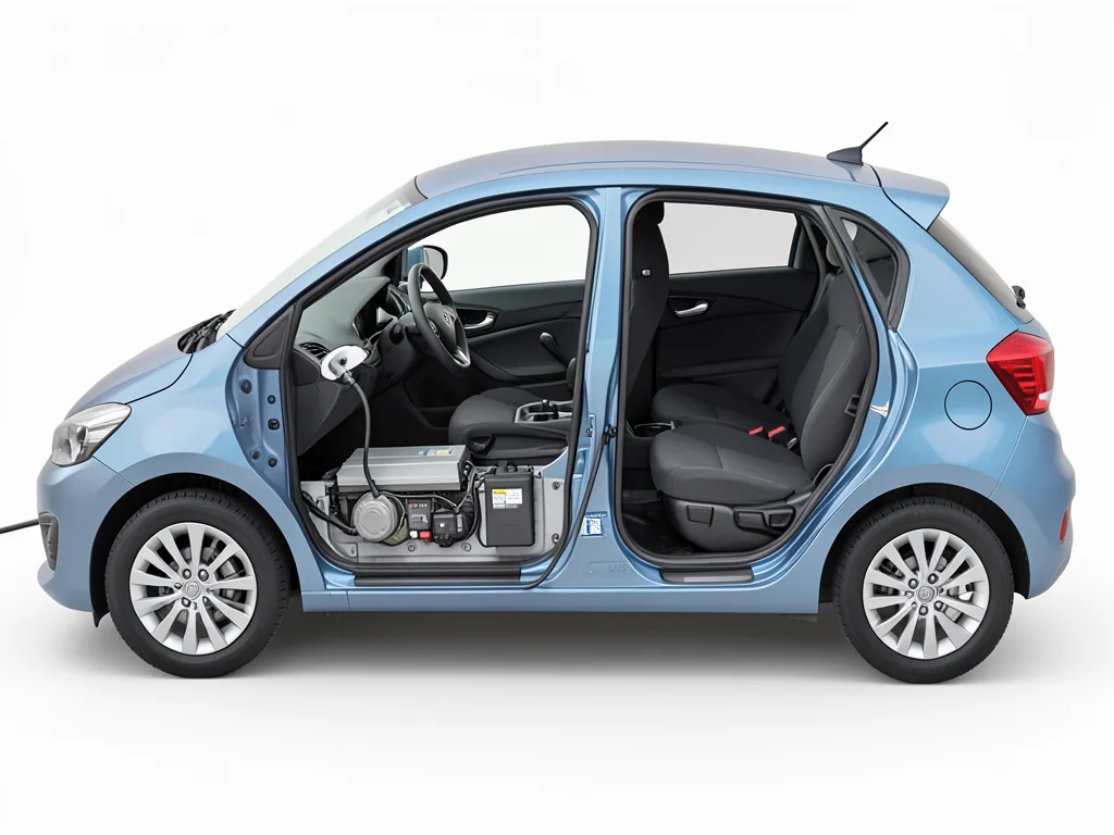 Illustration of an electric car with its underfloor traction battery and charging connection highlighted