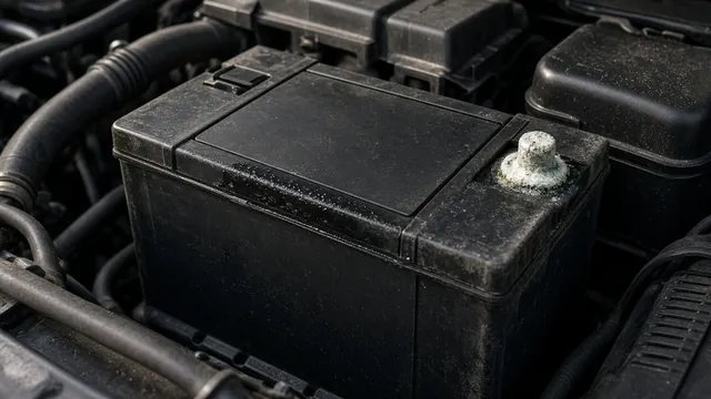 Car battery with visible moisture around the top seam and corrosion near a terminal, shown without handling.
