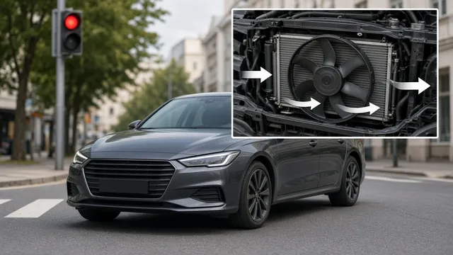 Car stopped at a traffic light with an inset showing radiator airflow and the engine cooling fan