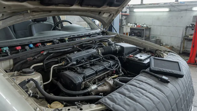 Diagnostic scan tool beside a diesel engine with the fuel system intact