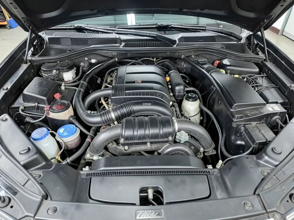 Serpentine belt and pulley detail in an Infiniti engine bay with the engine off