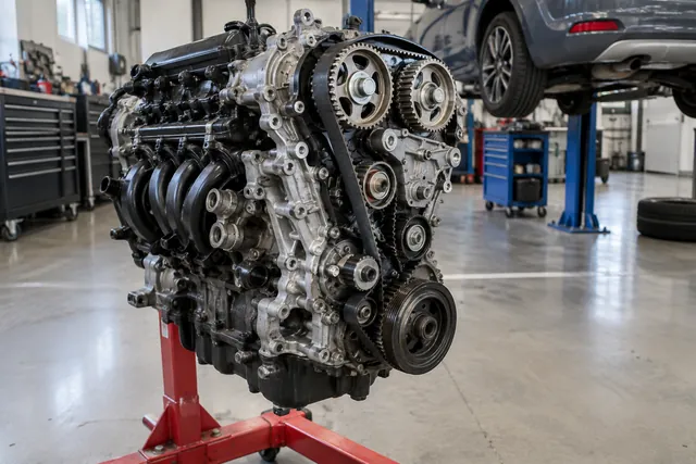 Timing belt and toothed pulleys on an exposed automotive engine in a repair shop