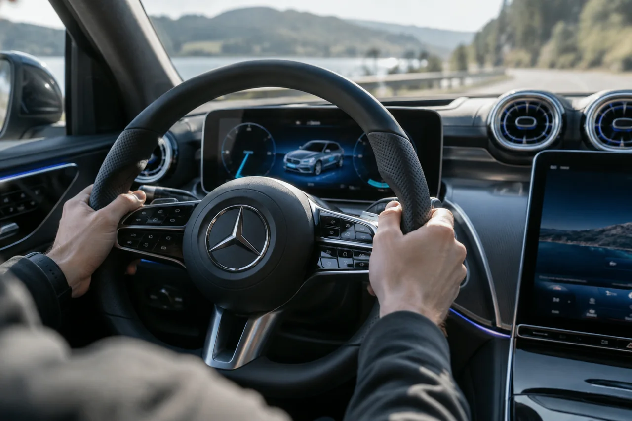 Driver using a steering-wheel paddle to adjust regenerative braking in a Mercedes EQ electric vehicle