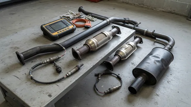 Illustration of a vehicle exhaust system with catalytic converters and oxygen sensors