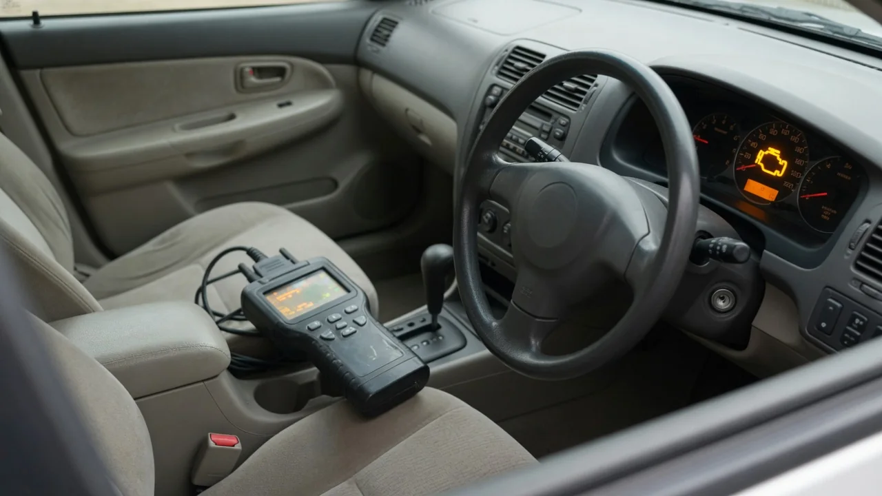 Diagnostic scan tool beside a vehicle with its check engine light illuminated