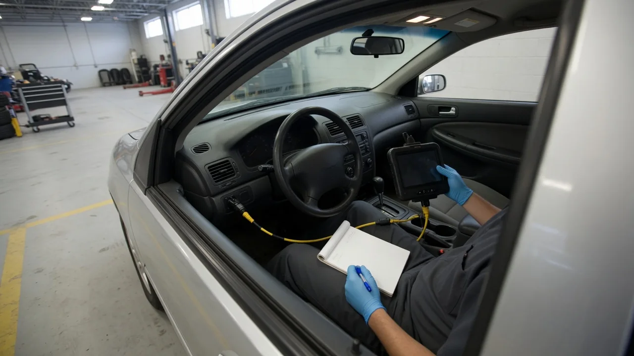 Diagnostic scanner connected inside a parked vehicle while a technician records fault information
