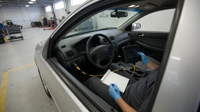 Diagnostic scanner connected inside a parked vehicle while a technician records fault information