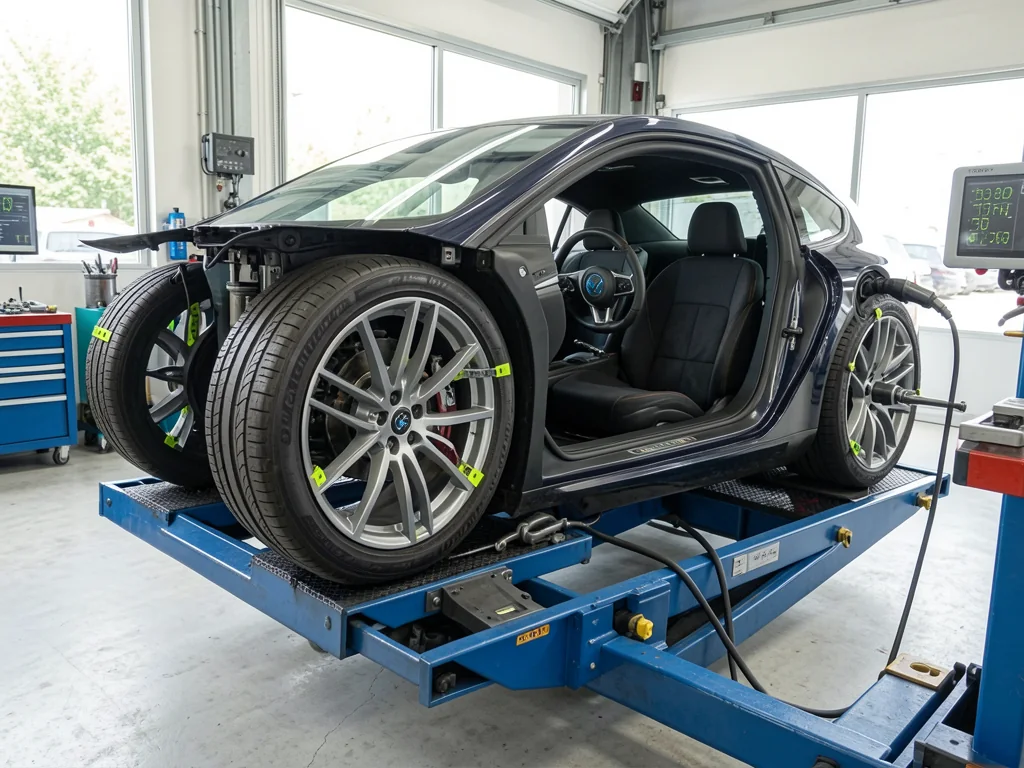 Car on a professional alignment rack with measuring targets attached to the wheels