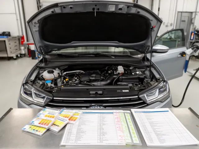 Coolant test strips and a service checklist beside a vehicle with its hood open