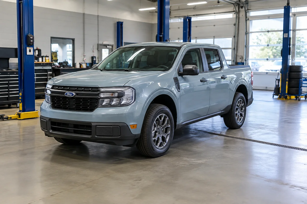 Ford Maverick Hybrid parked in a clean automotive service bay for a battery assessment