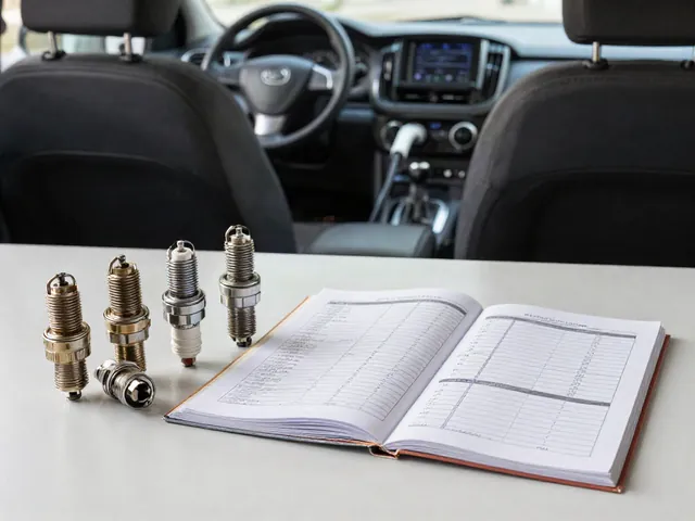 Spark plugs beside a vehicle maintenance booklet and a mileage log on a clean workbench