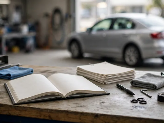 Vehicle maintenance booklet and transmission service records on a workshop desk