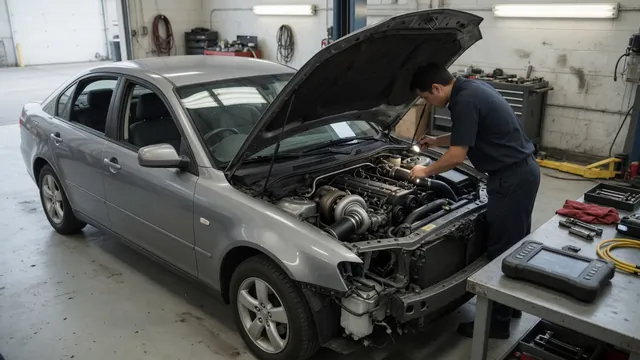 Technician examining a turbocharged engine with a diagnostic scan tool nearby