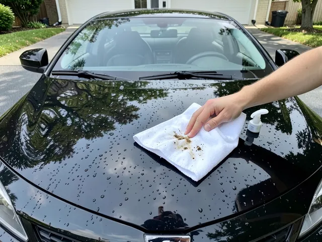 Microfiber towel lifting softened bug residue from a wet car hood in the shade