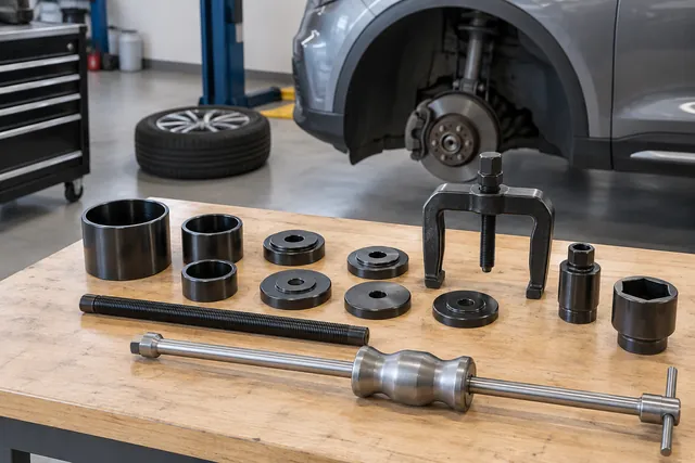 Wheel bearing puller kit, hub adapter, slide hammer, installer cups, and axle nut socket on a workbench