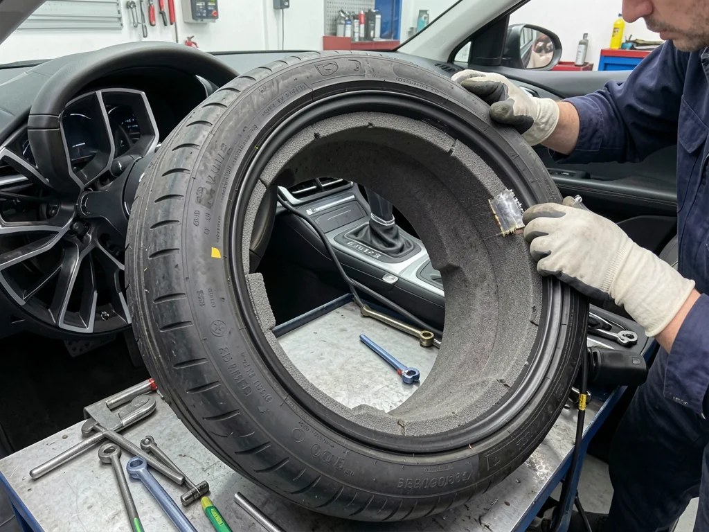 Technician inspecting a patched puncture inside a foam-lined electric car tire in a repair shop