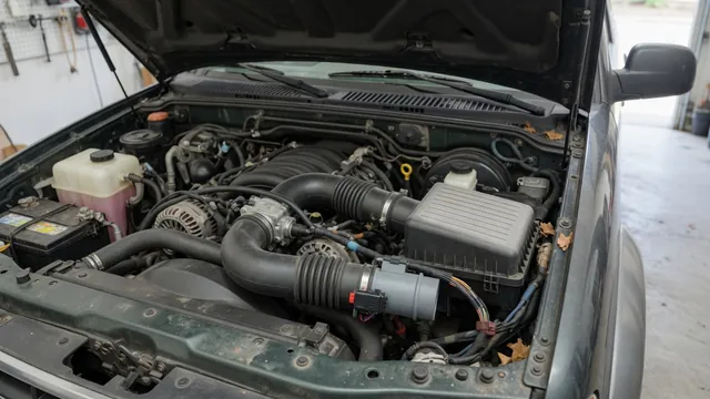Mass air flow sensor mounted in the intake duct near the air filter housing in a late-1990s Toyota 4Runner engine bay