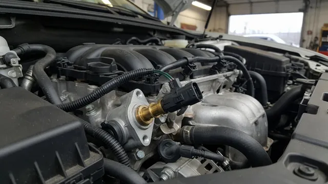 Engine coolant temperature sensor connector and wiring shown on a cool engine
