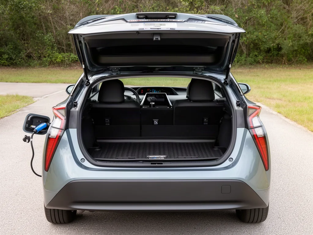 Toyota Prius with the rear hatch open and cargo floor lifted to inspect tire emergency equipment