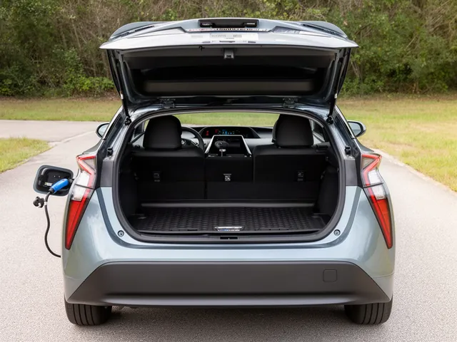 Toyota Prius with the rear hatch open and cargo floor lifted to inspect tire emergency equipment
