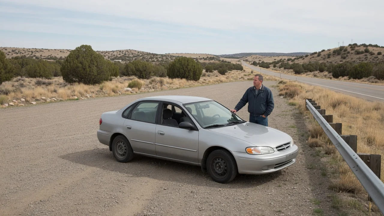 Driver standing beside a parked car with the engine off in a safe roadside turnout