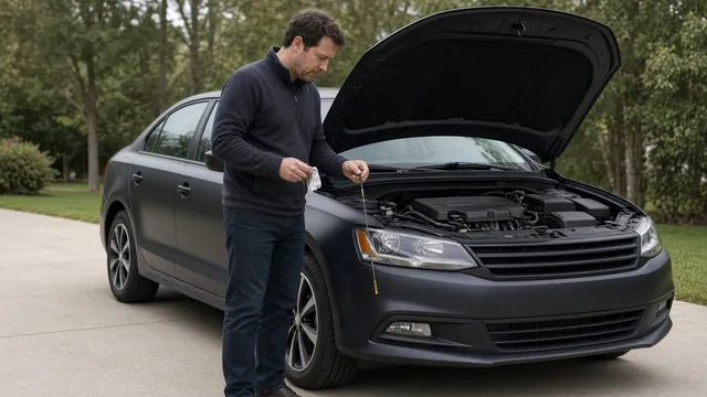Driver checking an engine oil dipstick beside a parked car with the engine off
