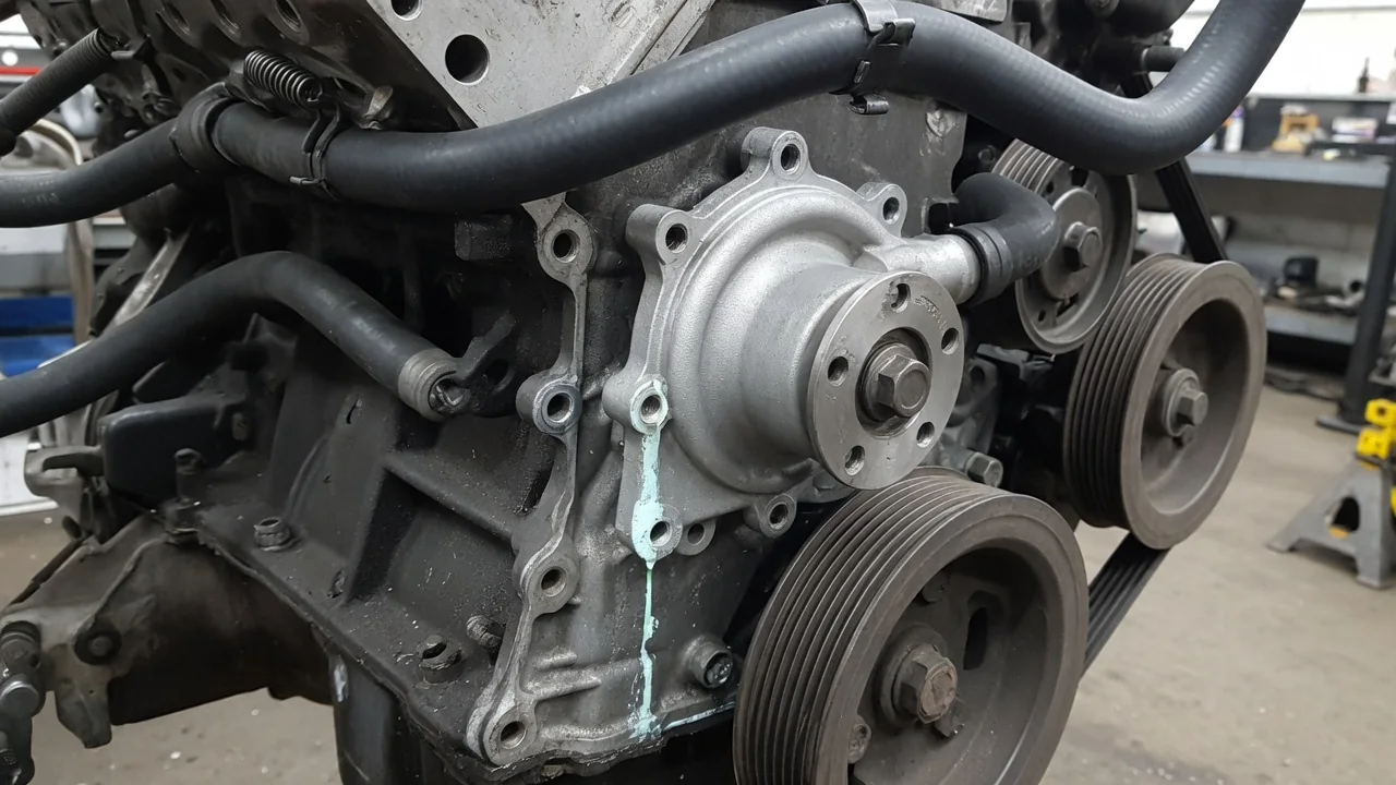 Coolant residue near a water pump weep hole on a stationary engine