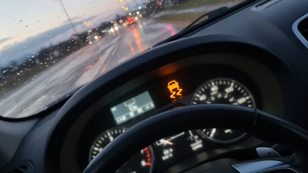 Amber traction control warning light, a car with wavy lines, lit on a car dashboard instrument cluster