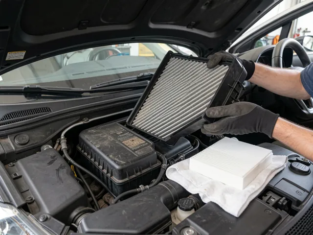 Hands removing a dirty engine air filter from a car's airbox with a new filter placed beside it