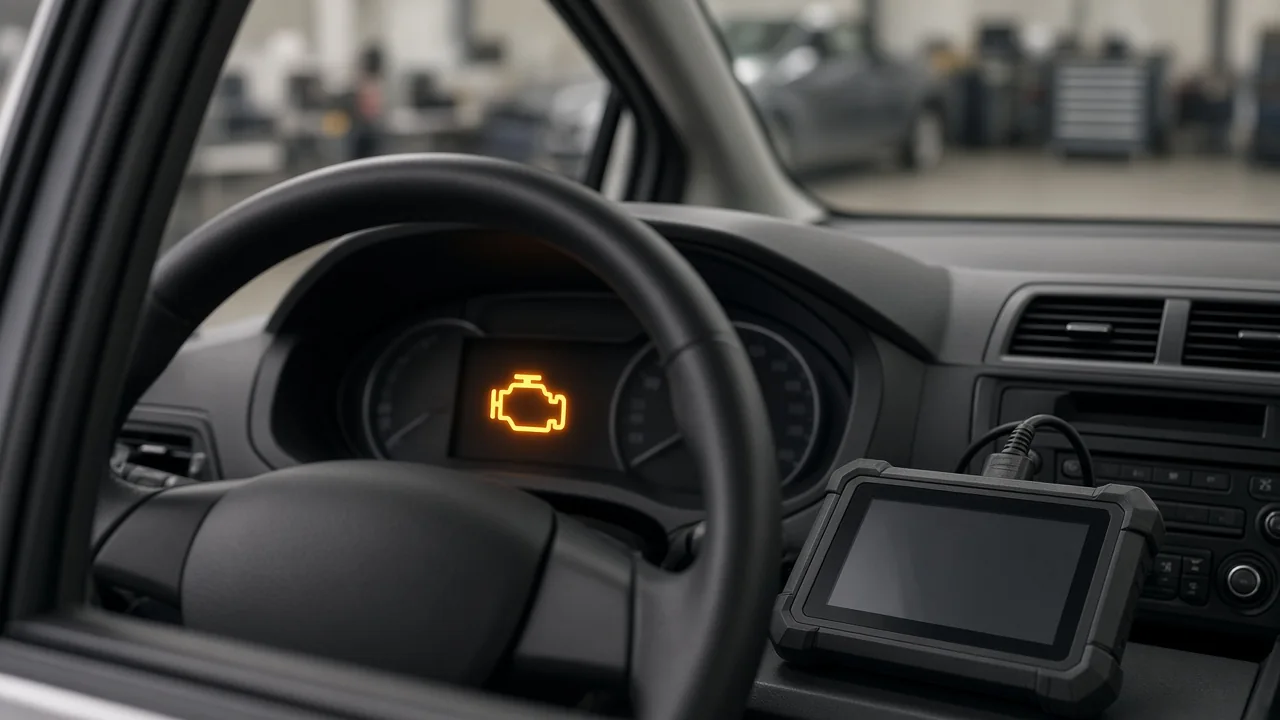 Diagnostic scanner beside a vehicle dashboard displaying a drivetrain warning light