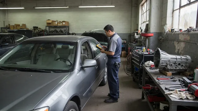 Technician reviewing transmission diagnostic data on a scan tool beside a parked vehicle
