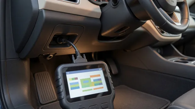 OBD-II scan tool plugged into a car's diagnostic port, showing a trouble code reading