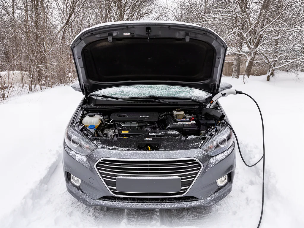 Snow-dusted parked car with its hood open and a labeled power steering fluid reservoir visible