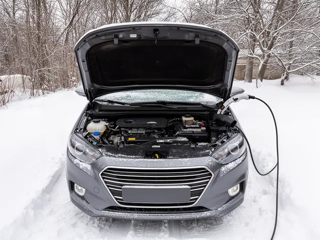 Snow-dusted parked car with its hood open and a labeled power steering fluid reservoir visible