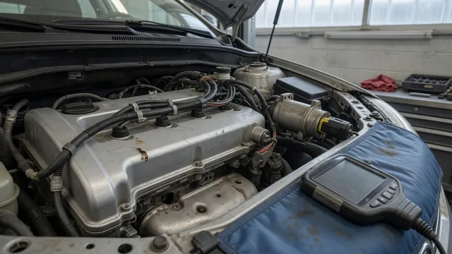 Engine valve cover area with an electrical solenoid connector and a diagnostic scanner nearby
