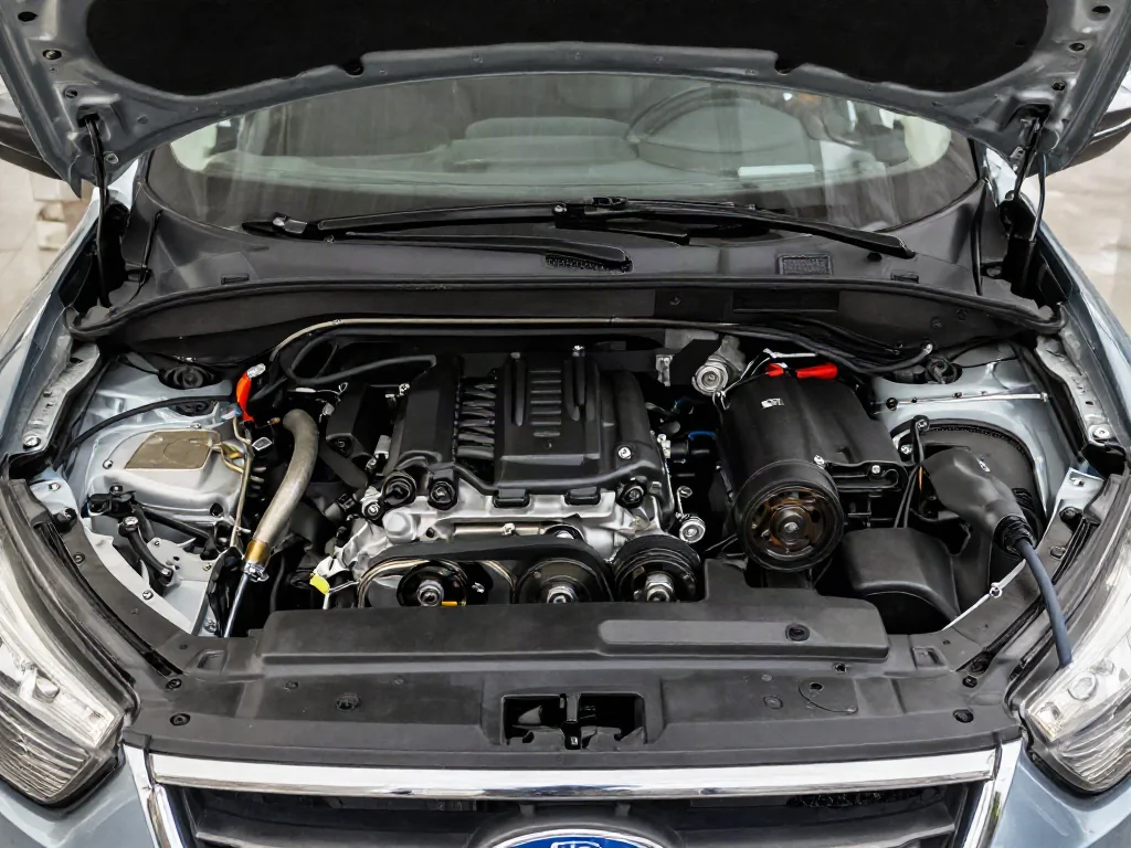Serpentine belt and accessory pulleys in a Ford Escape engine bay with the engine off