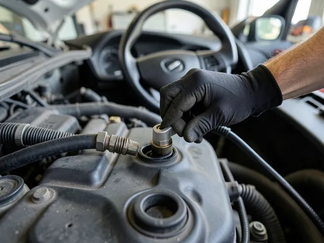 Gloved hands removing a PCV valve from a rubber grommet on an engine valve cover during a DIY replacement